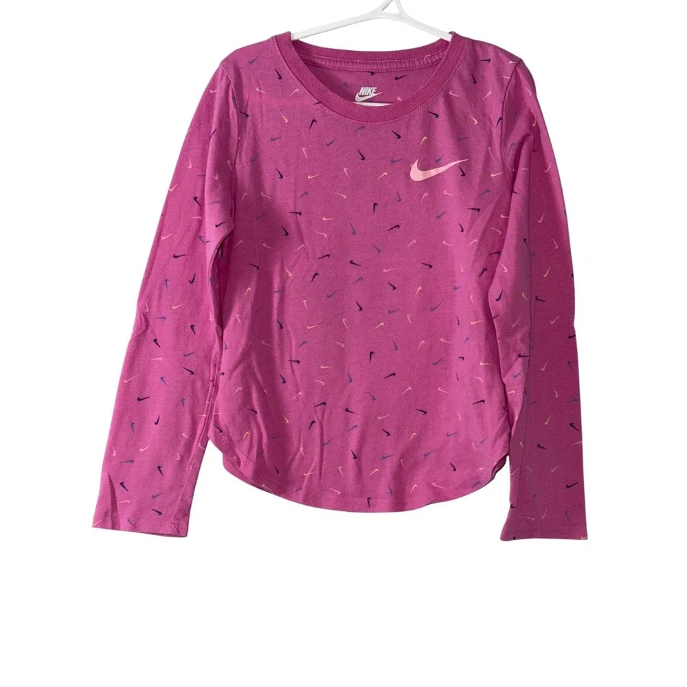 Nike Girls Pink Long Sleeve Shirt With Multicolor Swoosh Print - Size L 9/10 - C